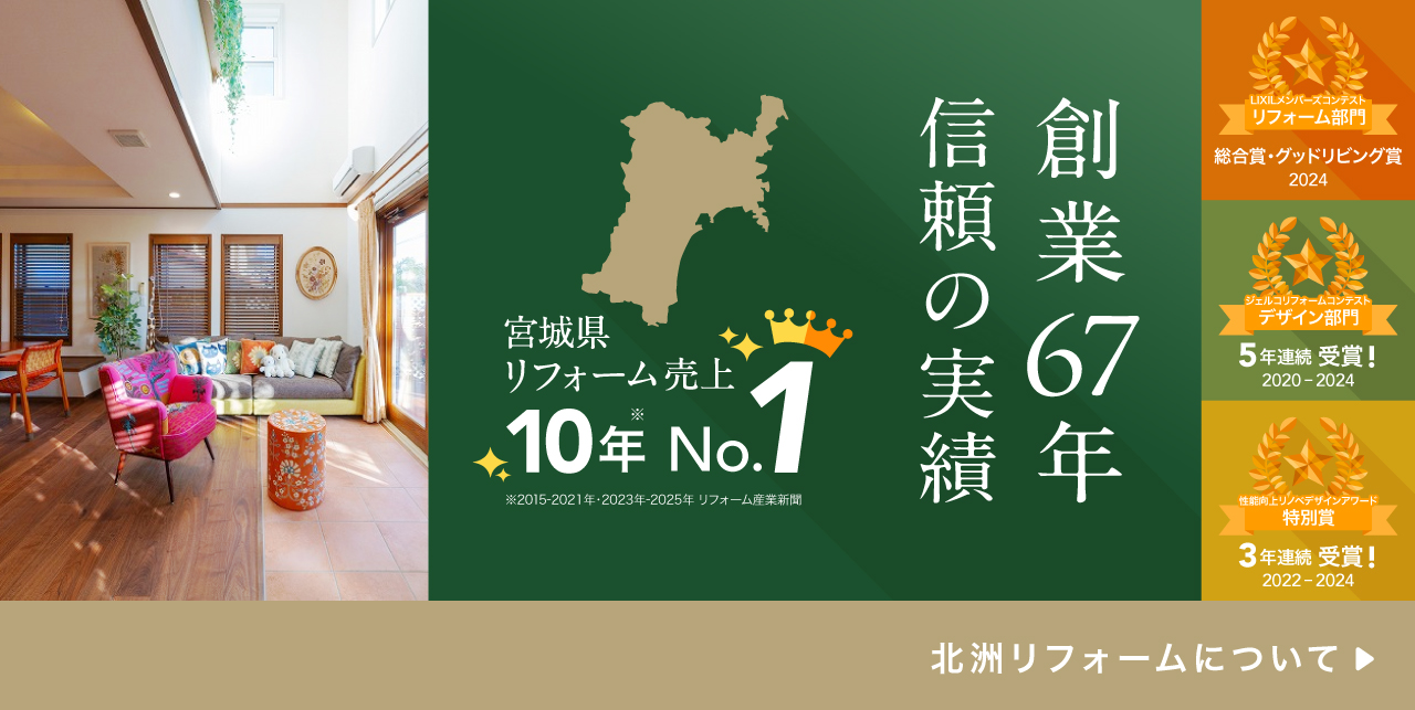 創業67年。信頼の実績。宮城県リフォーム売上10年No.1(リフォーム産業調べ)