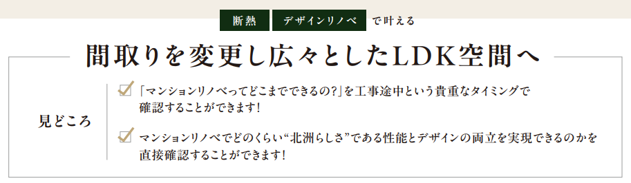 間取りを変更し広々としたLDK空間へ
【見どころ】
マンションリノベってどこまでできるの？を工事途中という貴重なタイミングで確認することができます！
マンションでどのくらい“北洲らしさ”である性能とデザインの両立を実現できるのかを直接確認することができます！
