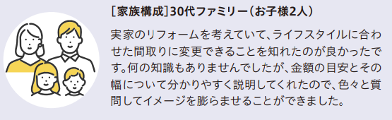 家族構成 30代ファミリー(お子様2人)
実家のリフォームを考えていて、ライフスタイルに合わせた間取りに変更できることを知れたのが良かったです。金額の目安とその幅について分かりやすく説明してくれたので、色々と質問してイメージを膨らませることができました。