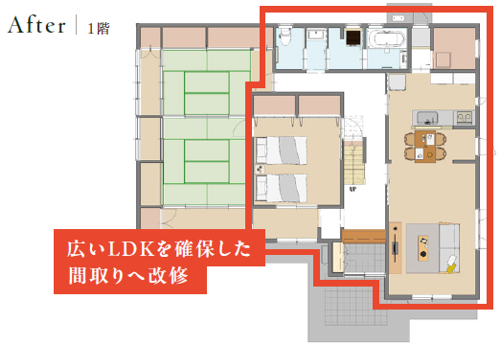 広いLDKを確保した間取りへ改修