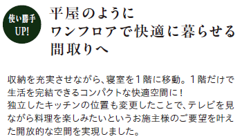 使い勝手UP
平屋のようにワンフロアで快適に暮らせる間取りへ
収納を充実させながら、寝室を1階に移動。1階だけで生活を完結できるコンパクトな快適空間に!
独立したキッチンの位置も変更したことで、テレビを見ながら料理を楽しみたいというお施主様のご要望を叶えた開放的な空間を実現しました。