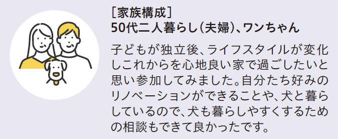 家族構成　50代二人暮らし(夫婦)、ワンちゃん
子どもが独立後、ライフスタイルが変化しこれからを心地良い良い家で過ごしたいと思い参加してみました。自分たち好みのリノベーションができることや、犬と暮らしているので、犬も暮らしやすくするための相談もできて良かったです。