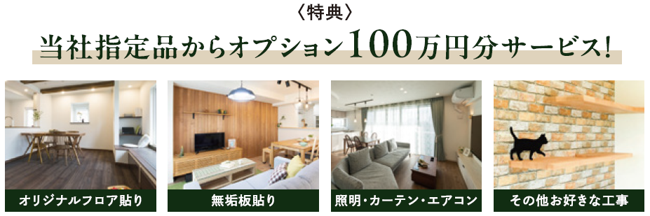 ＜特典＞
当社指定品からオプション100万円分サービス！
オリジナルフロア貼り
無垢板張り
照明・カーテン・エアコン
その他お好きな工事